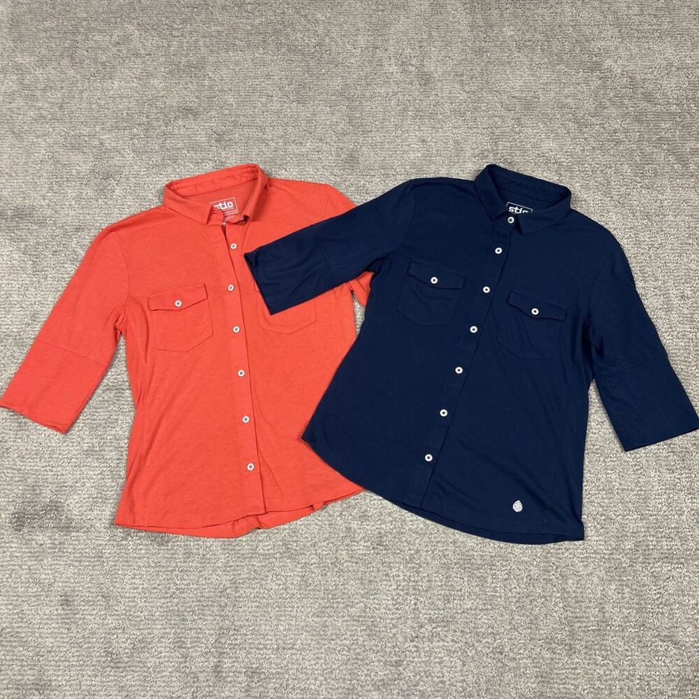 Stio Shirts Womens Small Navy Coral Button Up Roll Tab Sleeve Lot Organic Cotton